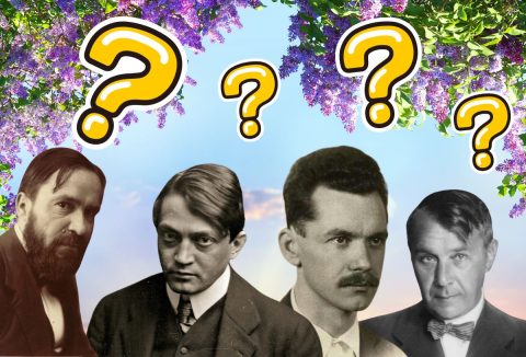 Tavaszi orgonás háttér, sárga kérdőjelek, magyar költők fekete-fehér képeken: Juhász Gyula, Ady Endre, József Attila, Kosztolányi Dezső