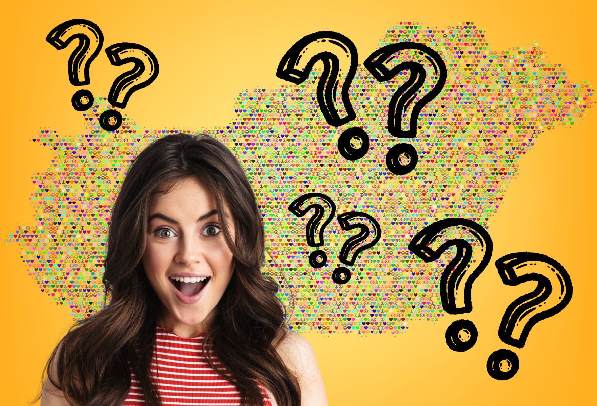 Barna hajú fiatal nő csodálkozva néz, háttérben Magyarország pontokból kirajzolódik, sárga alapszín, fekete írott kérdőjelek