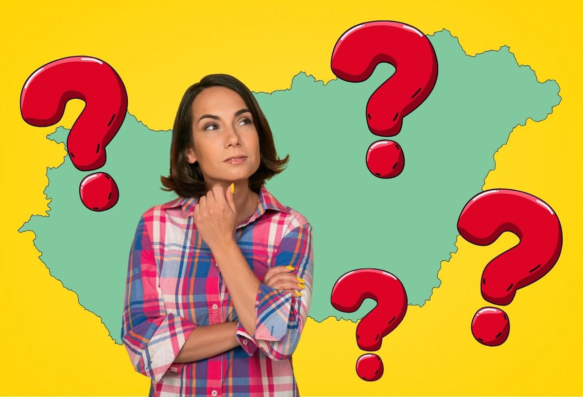 Sárga háttér, Magyarország területe zöld illusztráción, barna hajú nő flanelingben gondolkodva néz, piros kérdőjelek