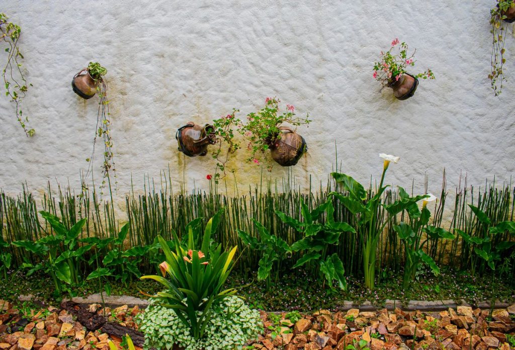 mediterran-kert-kerttervezes-otletek | Marie Claire Mediterrán kert falra akasztott cserépkancsókba ültett futónövényekkel, kavicsos alapon zöld növényekkel