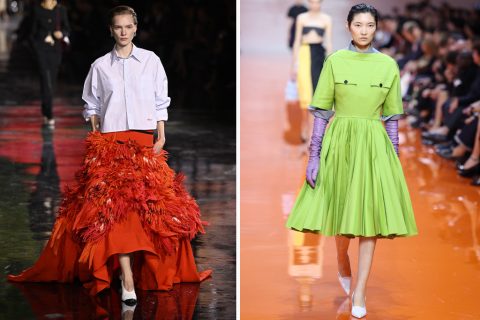 Bal oldalt egy világos inget viselő nő paradicsom színű szoknyában a kifutón, bal oldalt egy lime színű ruhát viselő nő a kifutón