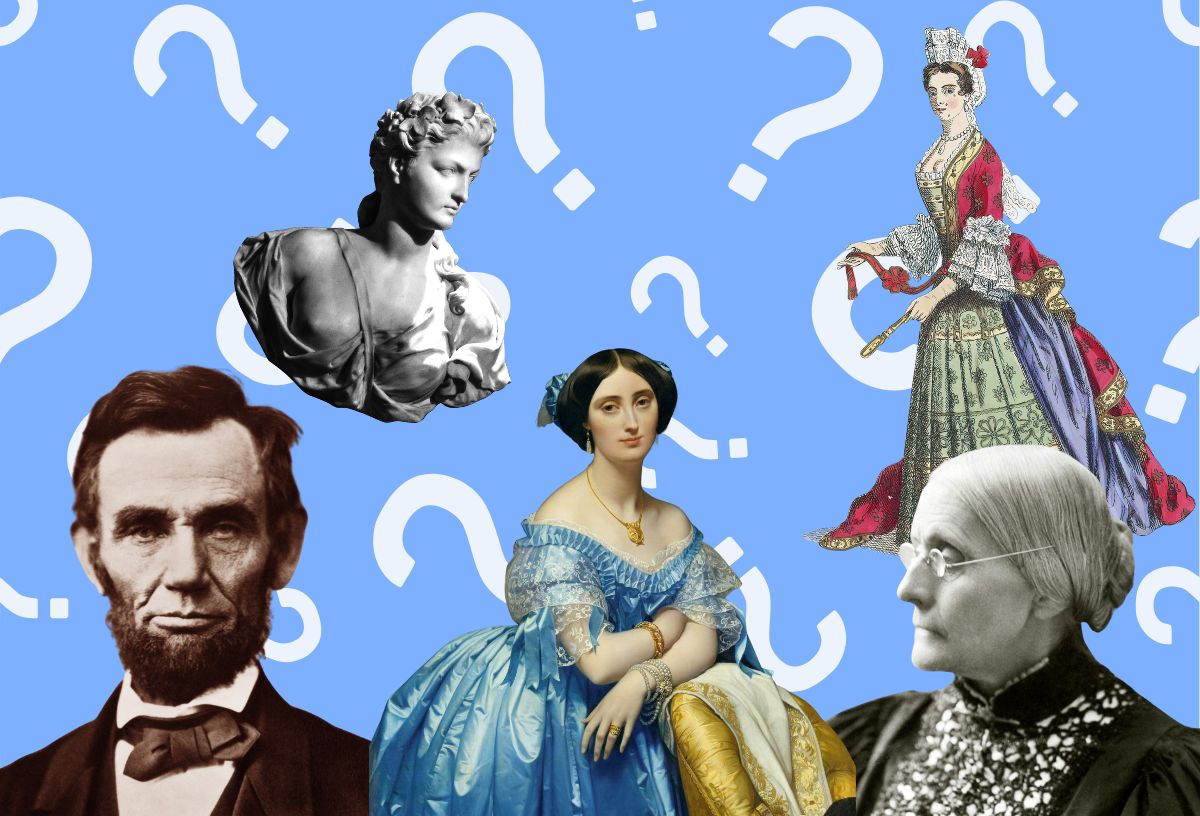 Kék háttér, fehér kérdőjelek, régi történelmi személyiségek szobor, fotó és festménykivágásai