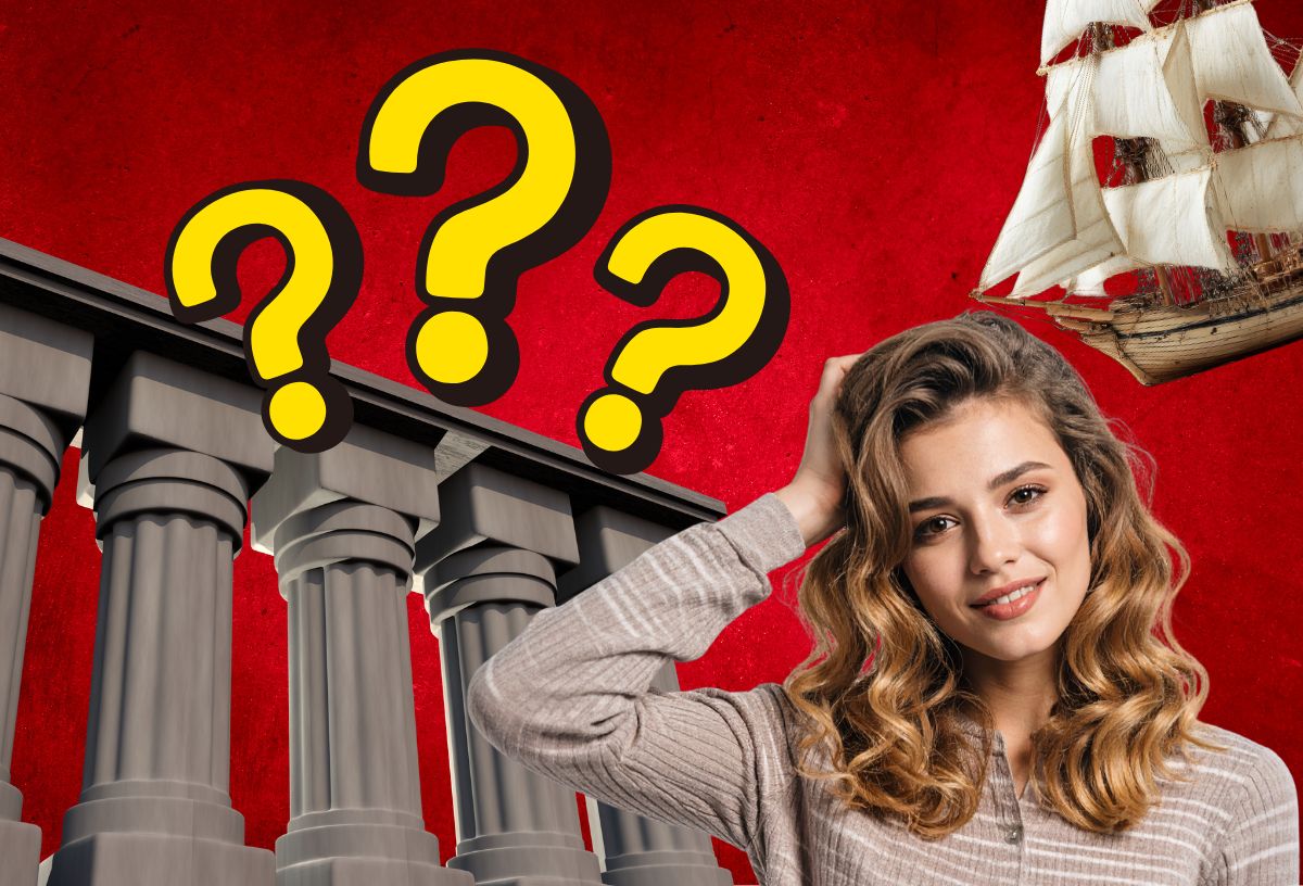 Ókori oszlopsor, régi vitorláshajó, szép fiatal nő gondolkodik, piros háttér, sárga kérdőjelek