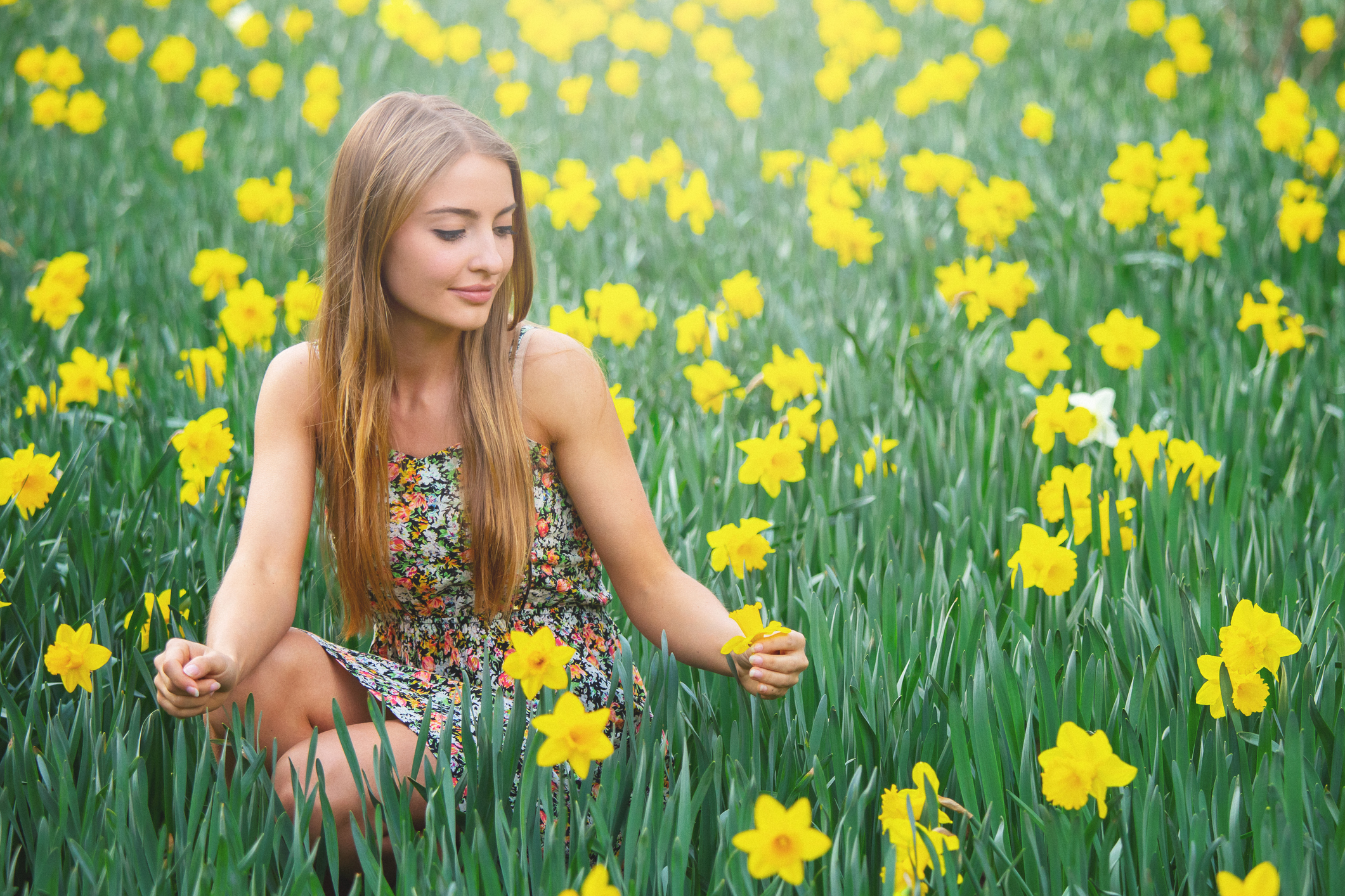 Fiatal lány guggol a nárciszok között