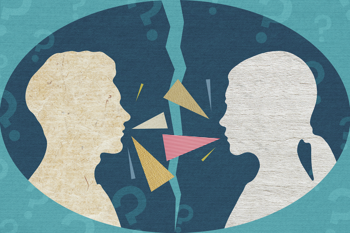 türkiz háttérrel grafika beszélgető nő és férfi – kollázs