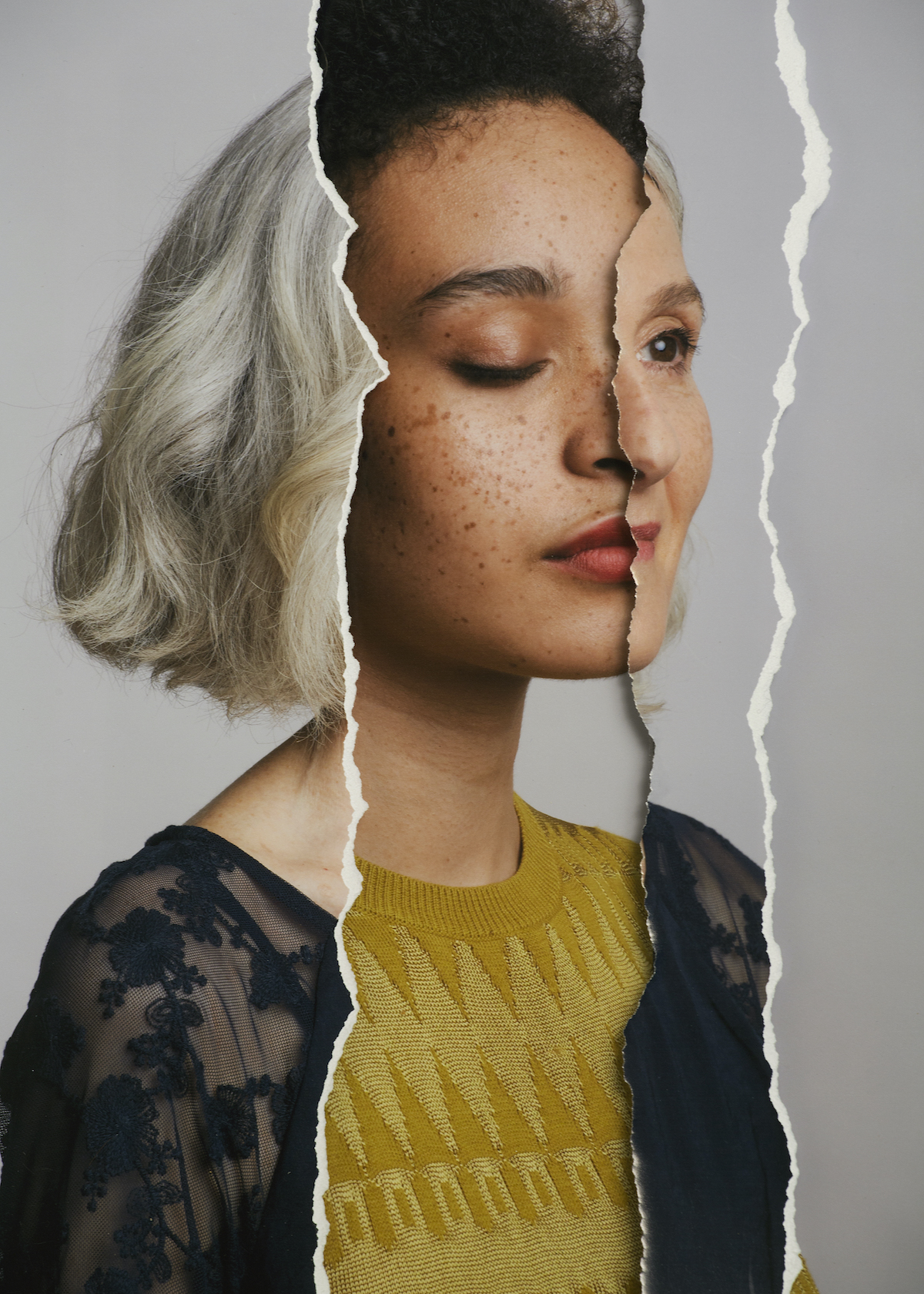 nő fej széttöredezve, kollázs