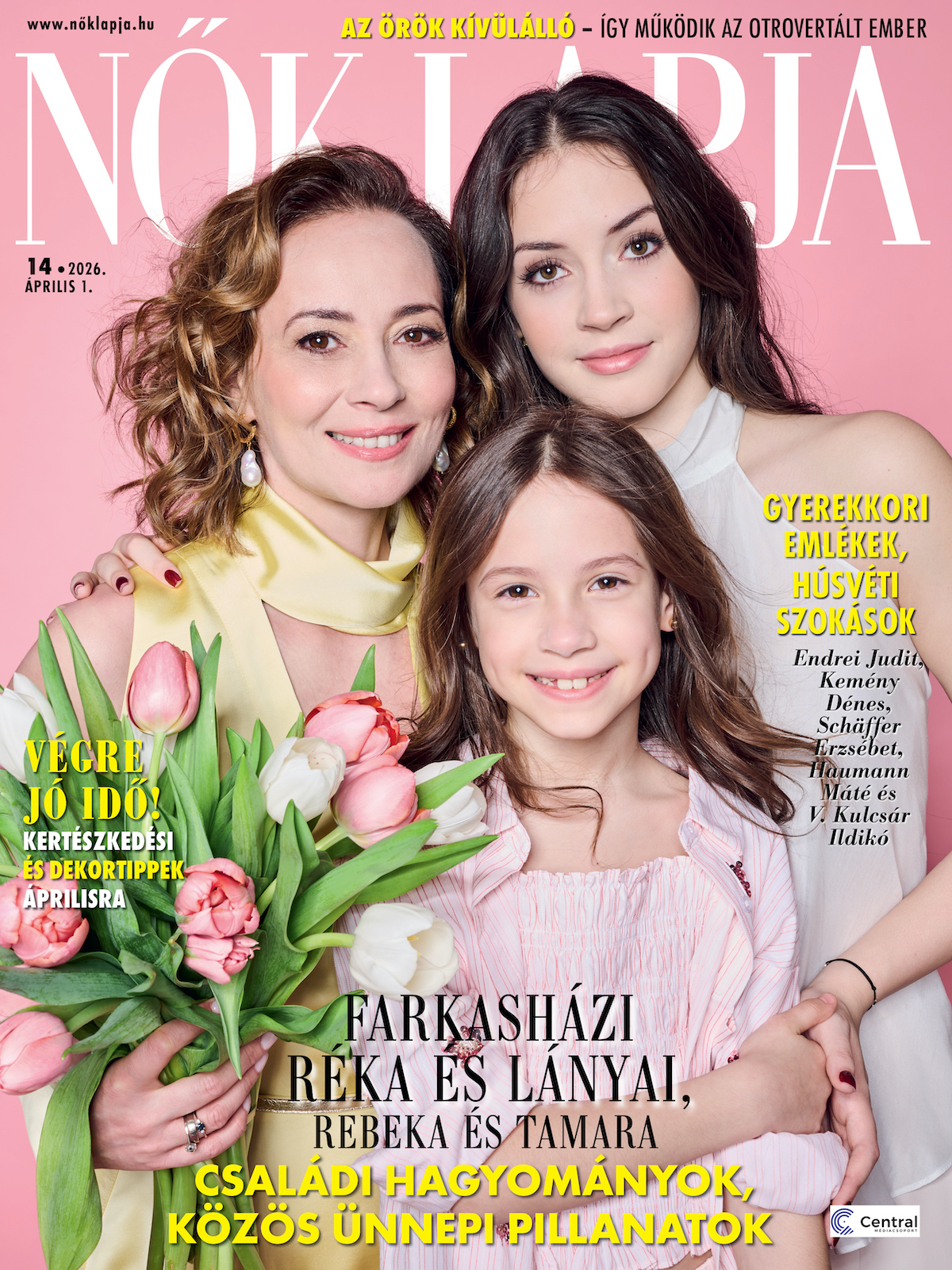 farkashazi-reka-husvet-nok-lapja | Marie Claire A Nők Lapja friss számának címlapsztárja Farkasházi Réka és lányai, a tizenhét éves Rebeka és a hétéves Tamara rózsaszín háttér előtt, tulipánokkal.