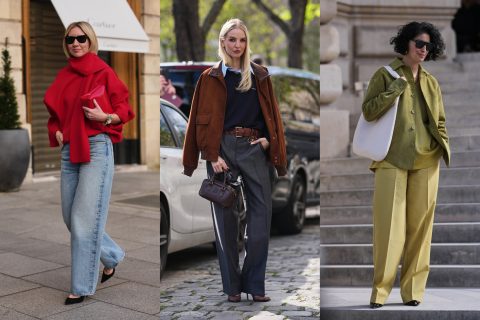 Modellek bőszárú nadrágban vonulnak az utcán