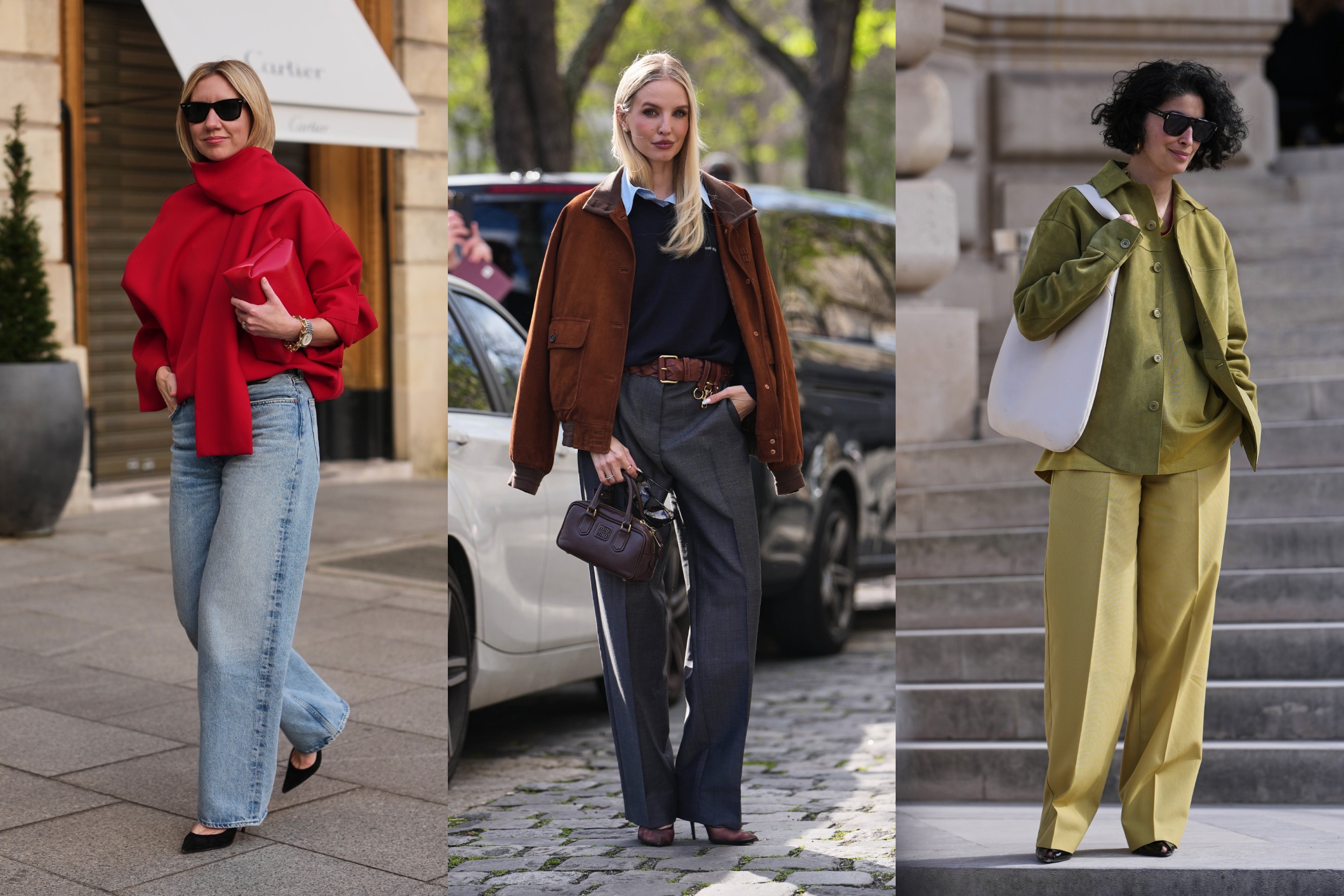 Modellek bőszárú nadrágban vonulnak az utcán