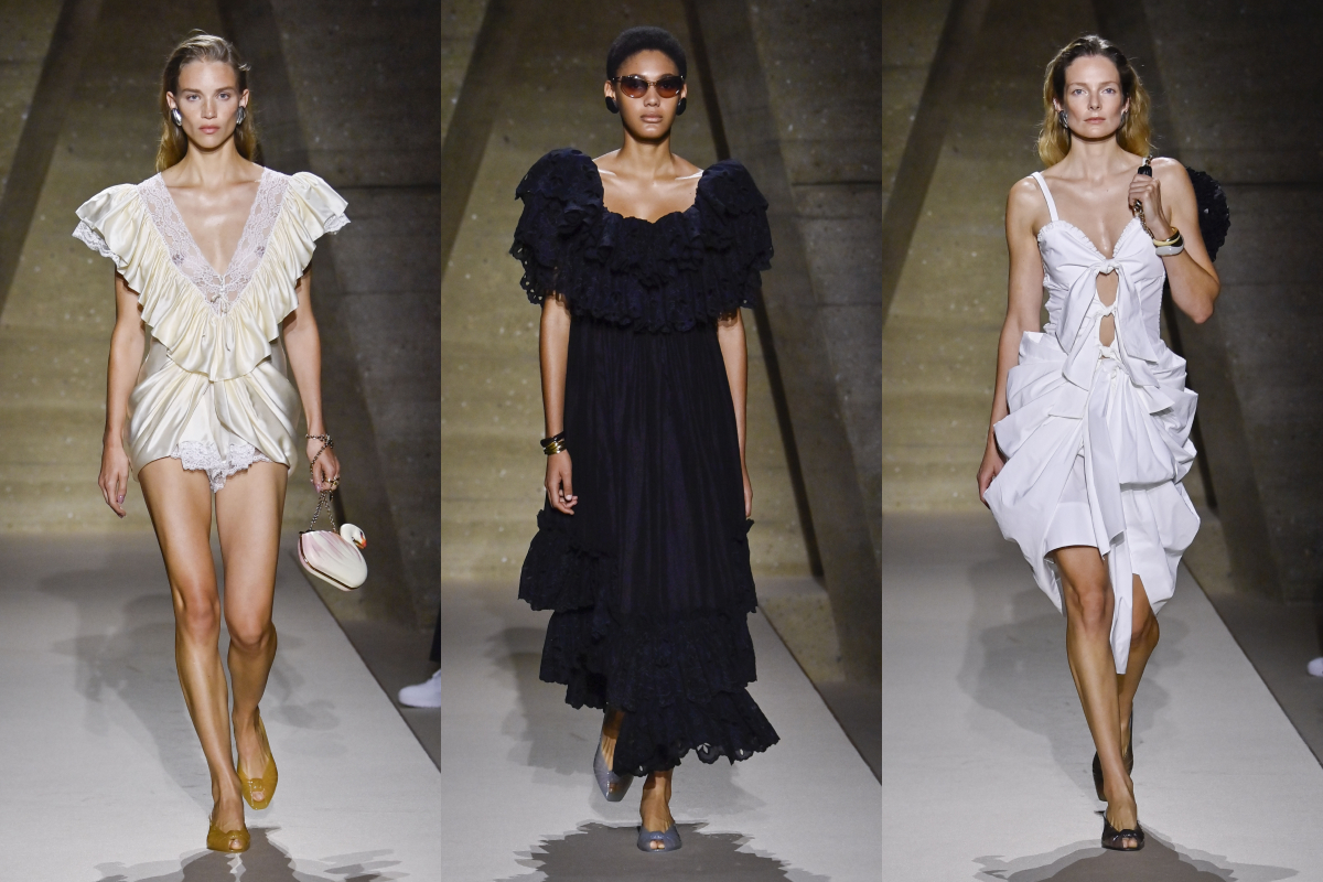 A Chloé 2026-os tavaszi–nyári divatbemutatójának három modellje