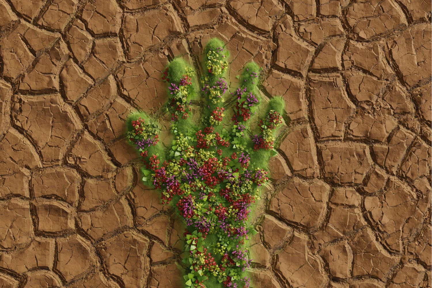 Kiszáradt földön kézlenyomatnyi zöld, füves virágos kompozíció, számítógépes illusztráció a klímaválsághoz