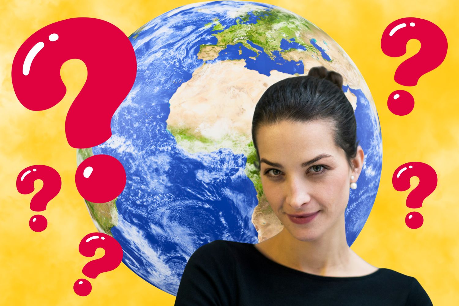 Sötét hajú nő néz a kamerába, mögötte földgömb illusztráció, sárga háttér, piros kérdőjelek