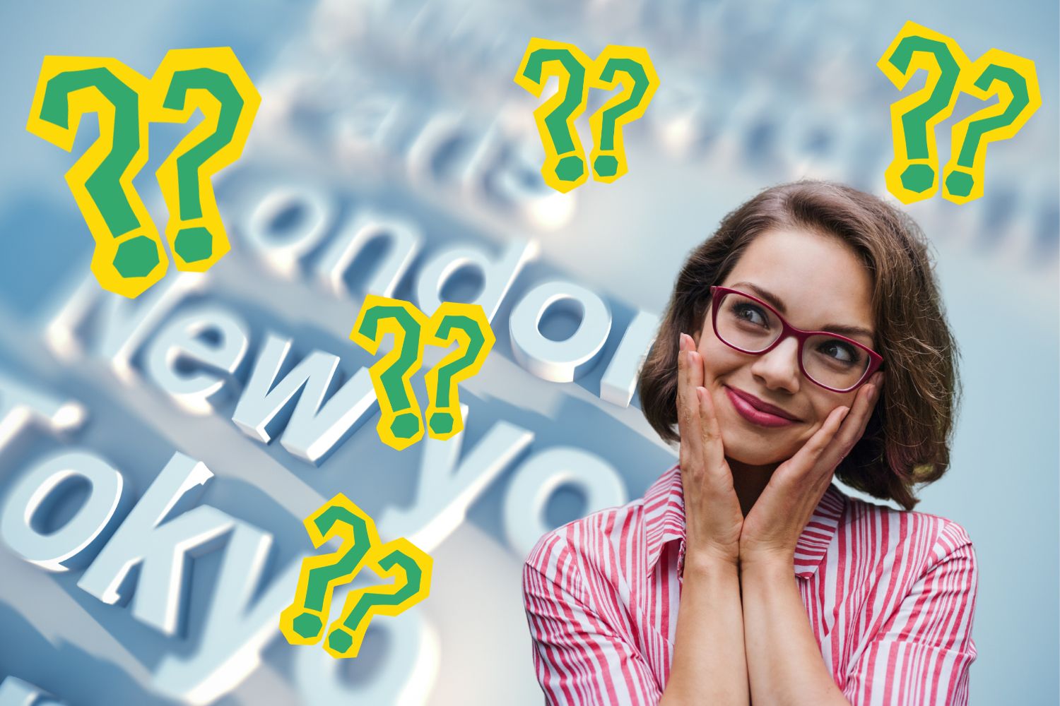 Fővárosok nevei kékes árnyalatú három dimenziós grafikán háttérben, szemüveges, barna hajú nő piros csíkos ingben gondolkodva néz, zöld kérdőjelek