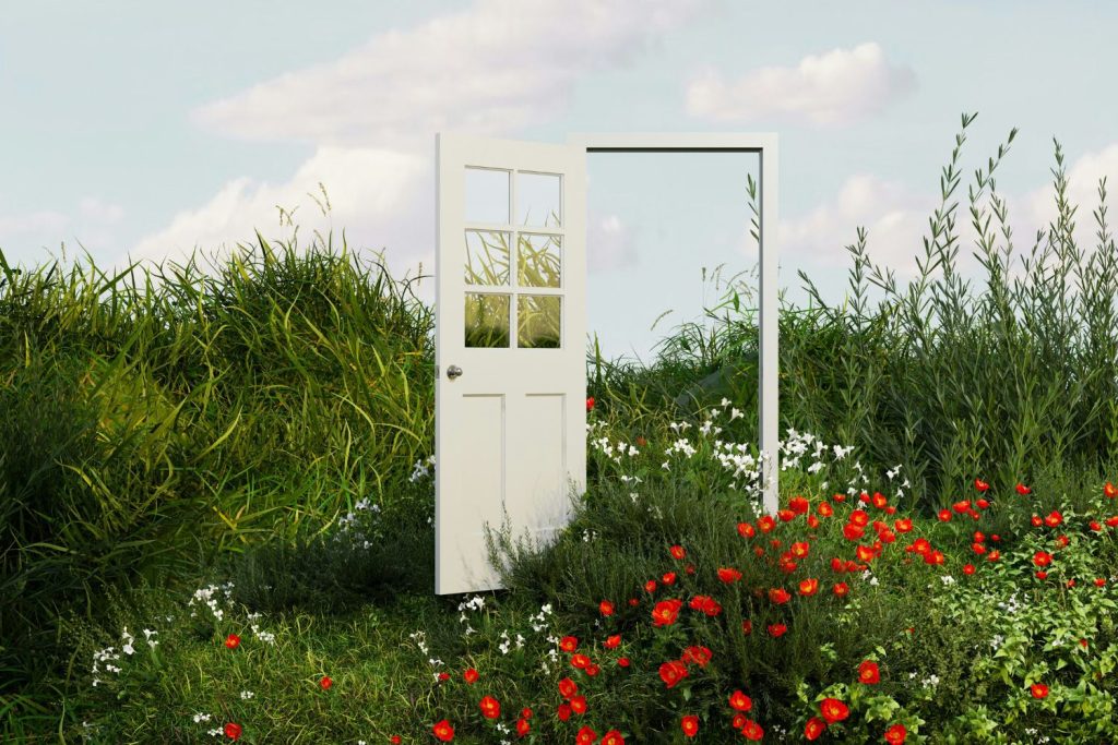 Kreatív fotó tavaszi, virágos réten fehér, nyitott ajtó