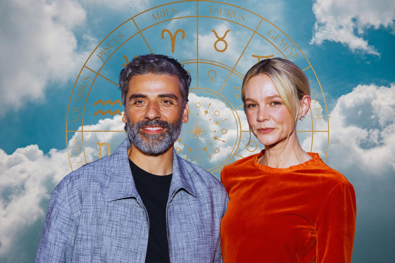 Oscar Isaac és Carrie Mulligan, kék égbolt háttérben és arany kör a csillagjegyek szimbólumaival