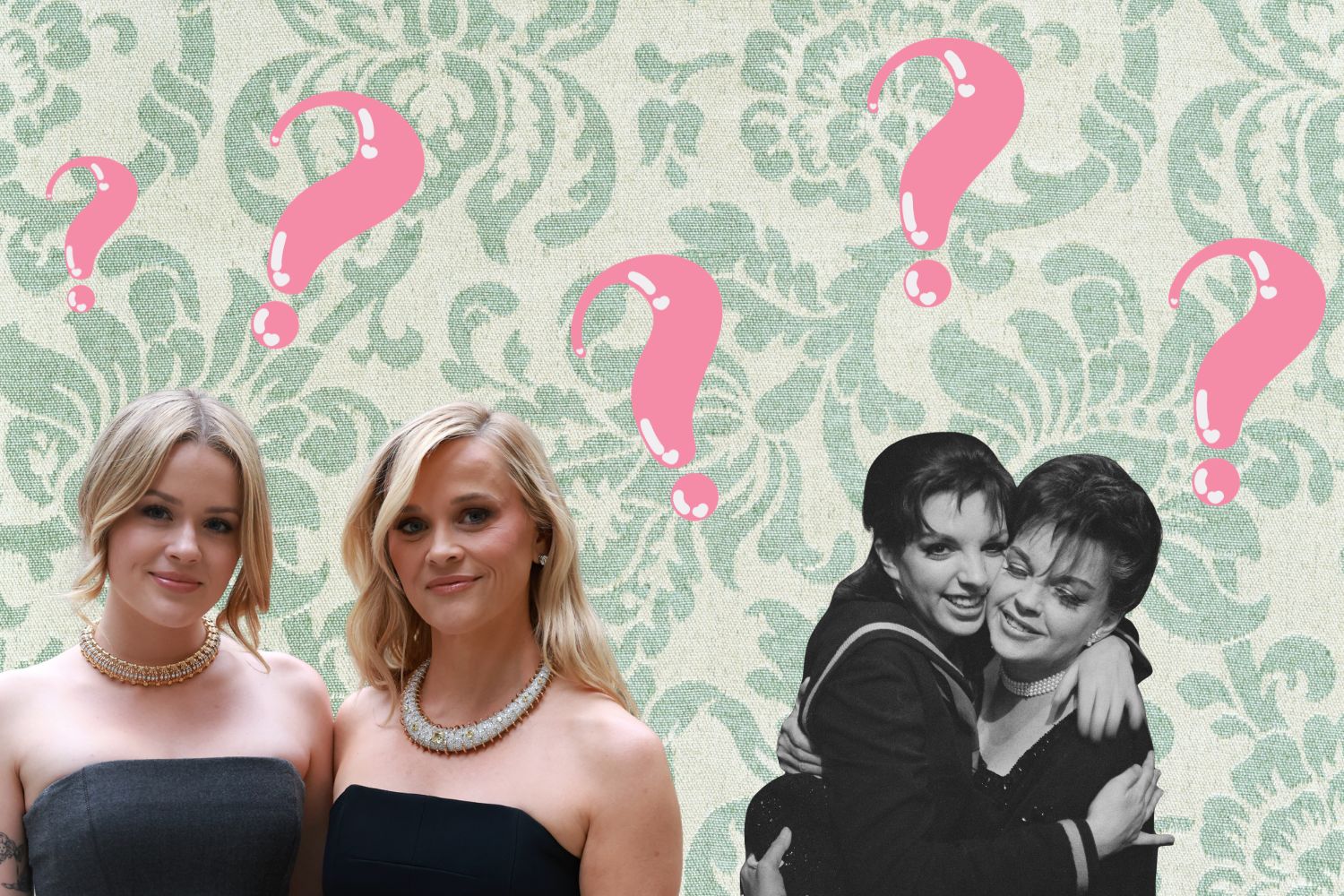 Híres sztárszülők, Reese Witherspoon és lánya, Ava, valamint fekete-fehér képen Judy Garland és Liza Minelli öleli át egymást, zöld tapétaszerű háttér, rózsaszín kérdőjelek