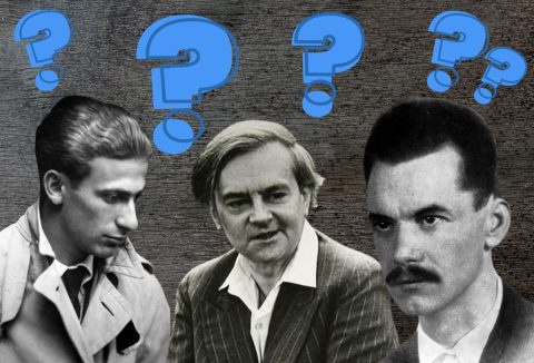 Híres magyar költők fekete-fehér képen: Radnóti Miklós, Weöres Sándor, József Attila, fekete tábla háttér, kék kérdőjelek