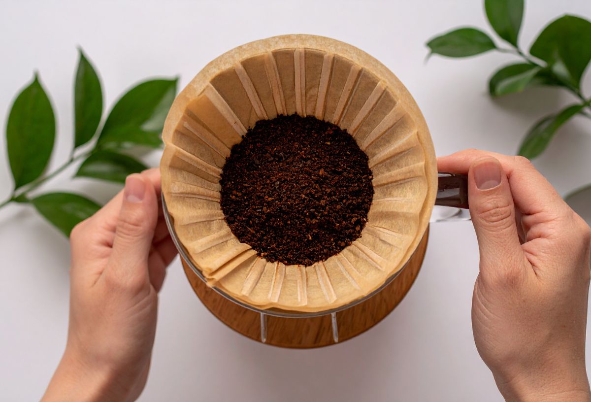 Nő kávéfilterben kávézaccot fog a kezei között, fehér háttér, mellette két zöld leveles ág