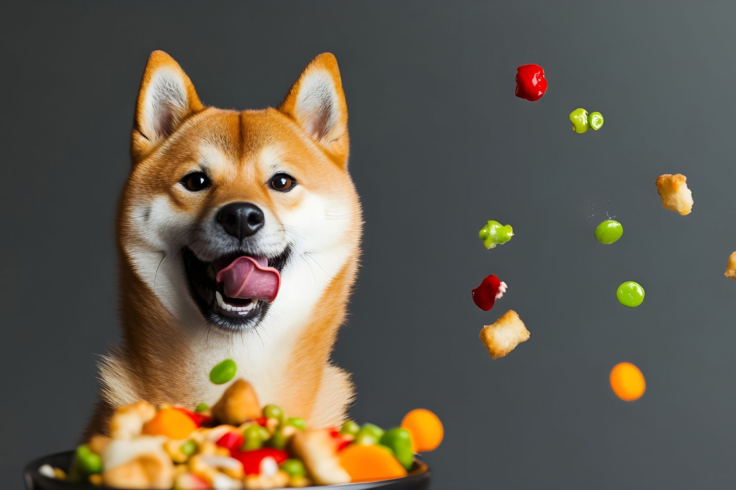Shiba inu kutya előtt étel, szürke háttér, oldalt repkedő falatkák