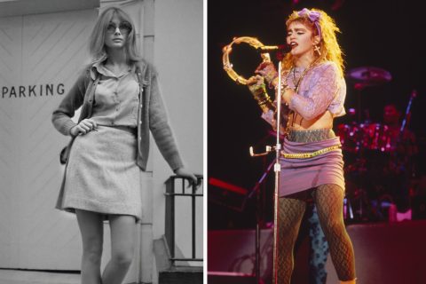 Bal oldalt Jean Shrimpton 1968-ben miniszoknyában, jobb oldalt Madonna koncert közben, miniszoknykában 1985-ben