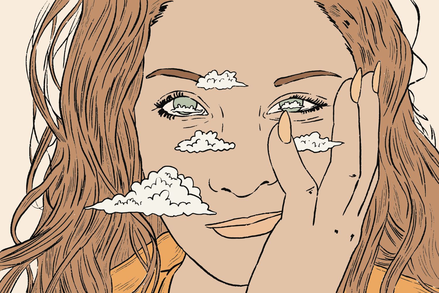 Grafika szomorúan távolba révedő nőről, akinek felhők úsznak az arca előtt