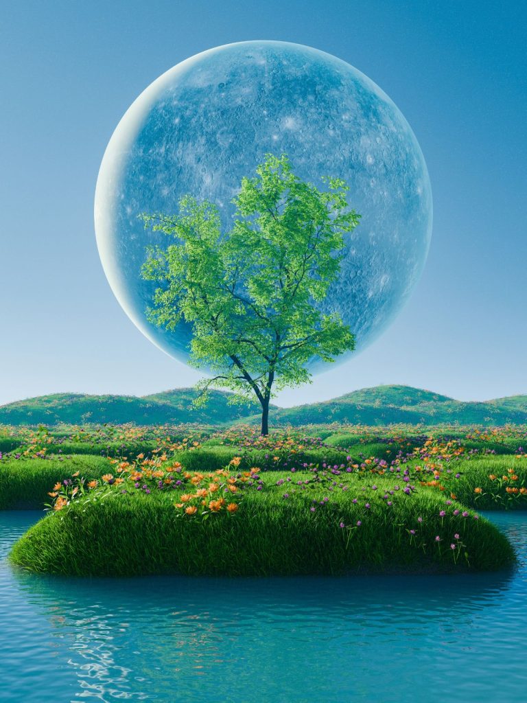 Telihold, előtérben zöld fa szigeten, számítógépes grafika