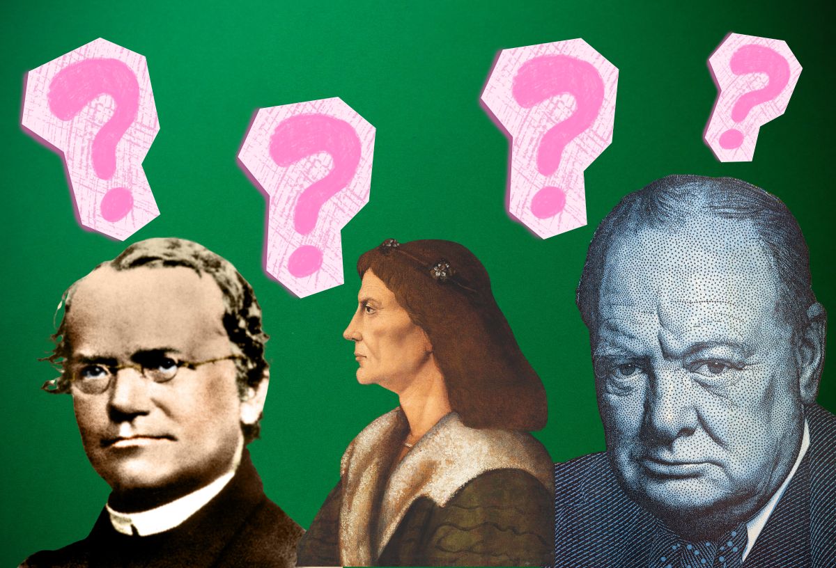 Történelmi személyek portréi, zöld háttér, rózsaszín kérdőjelek