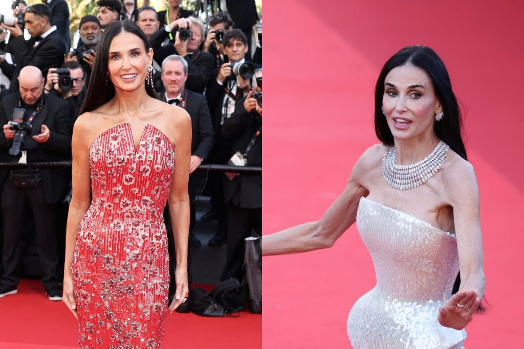 Balra Demi Moore Cannes-ban 2024-ben, jobbra 2026-ban