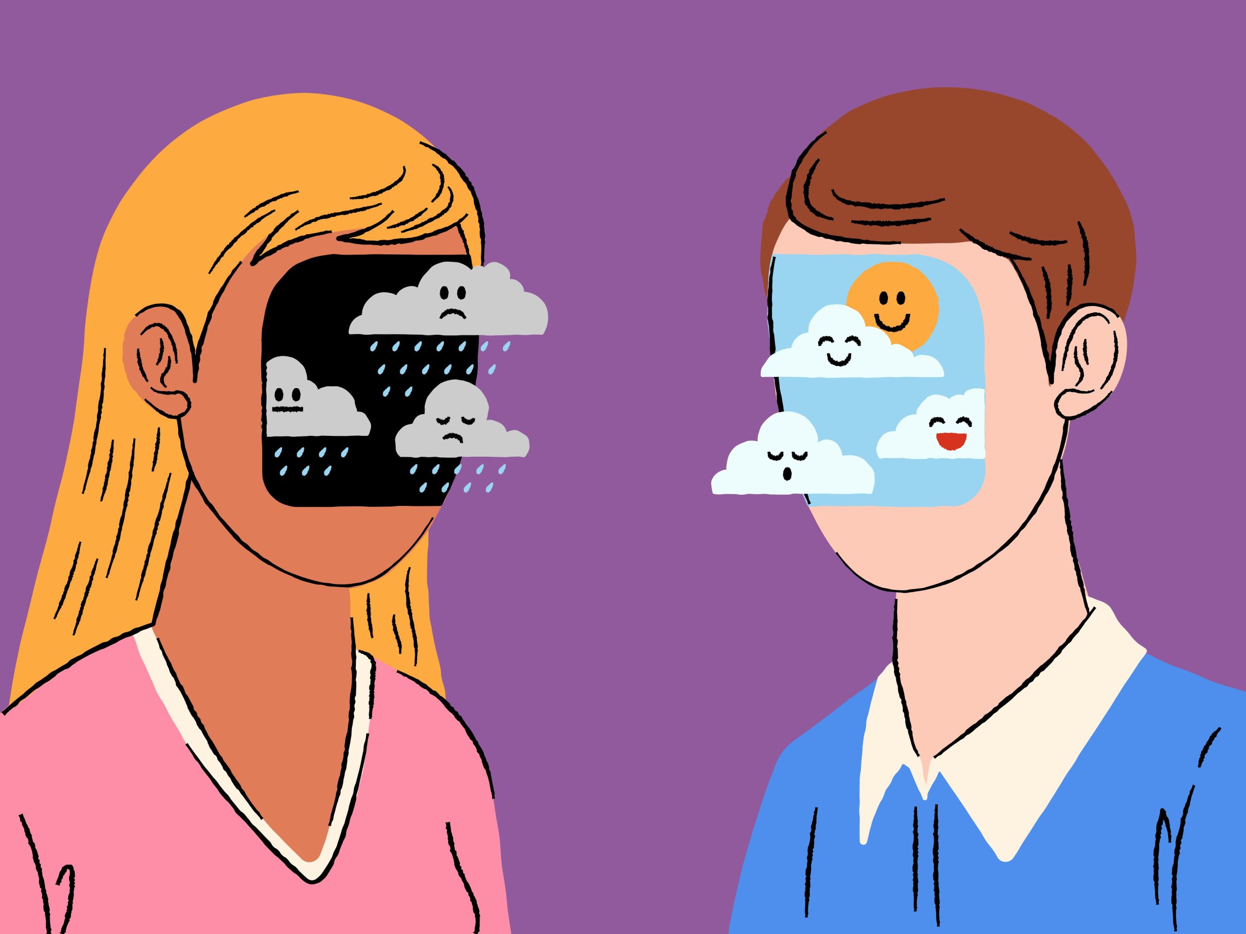 Grafika, egy női és férfi arc, különböző hangulatuk van