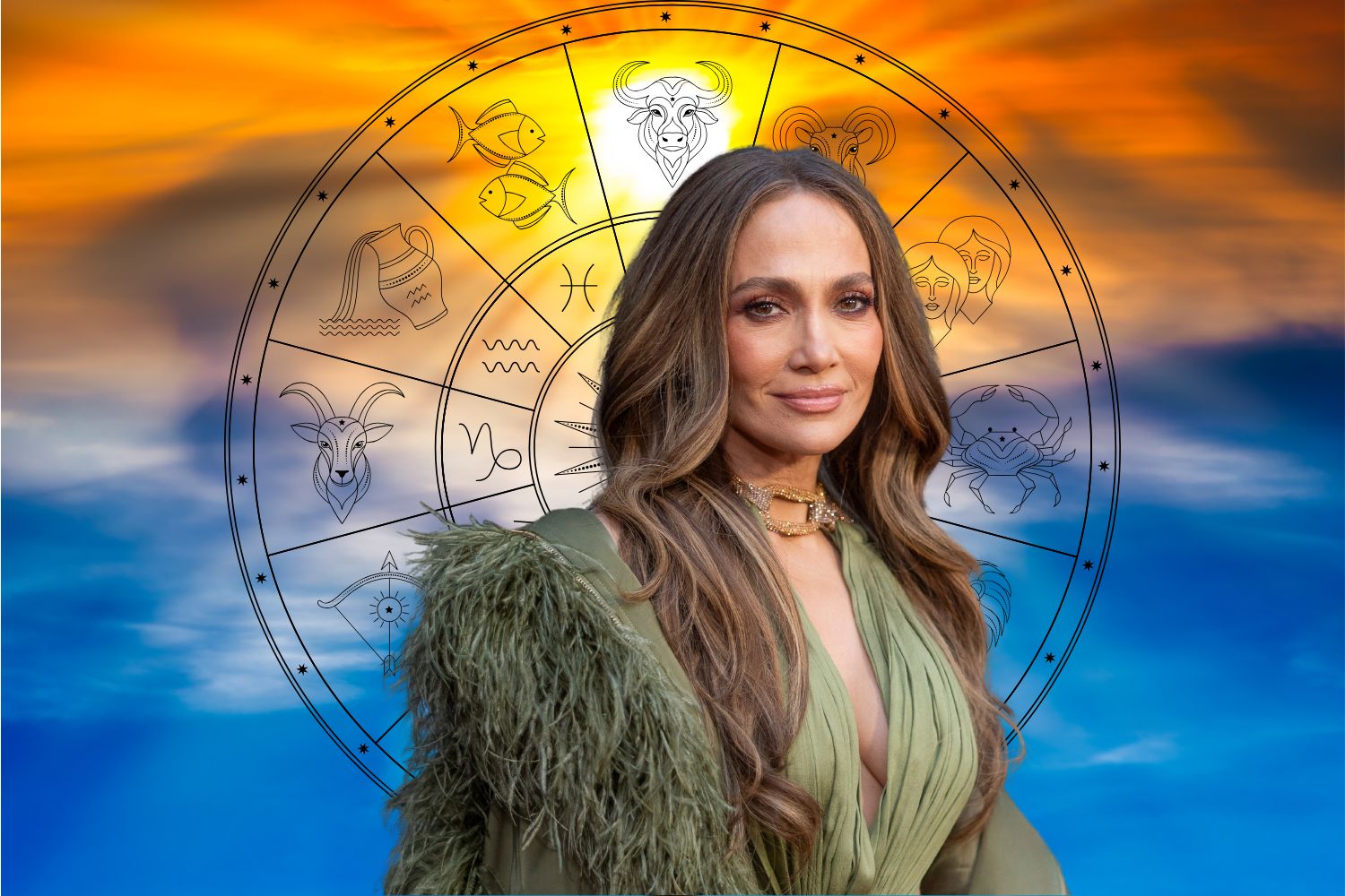 Narancs-kék égbolt háttérben, csillagjegyek szimbólumai körben, Jennifer Lopez zöld tollas estélyi ruhában