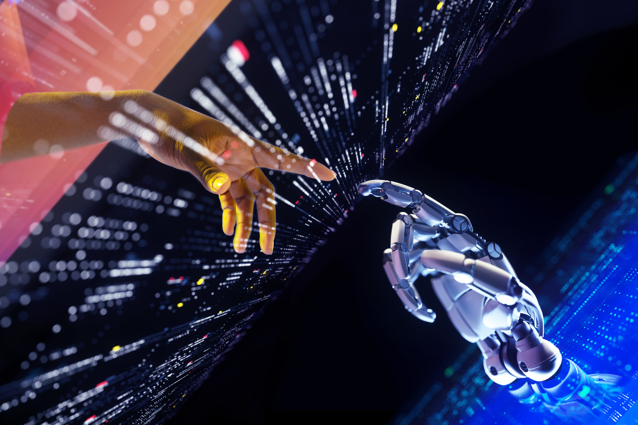 Digitálisan létrehozott kép, amelyen egy sötét bőrszínű kéz áthalad egy portálon, és megérinti a robotkezet.