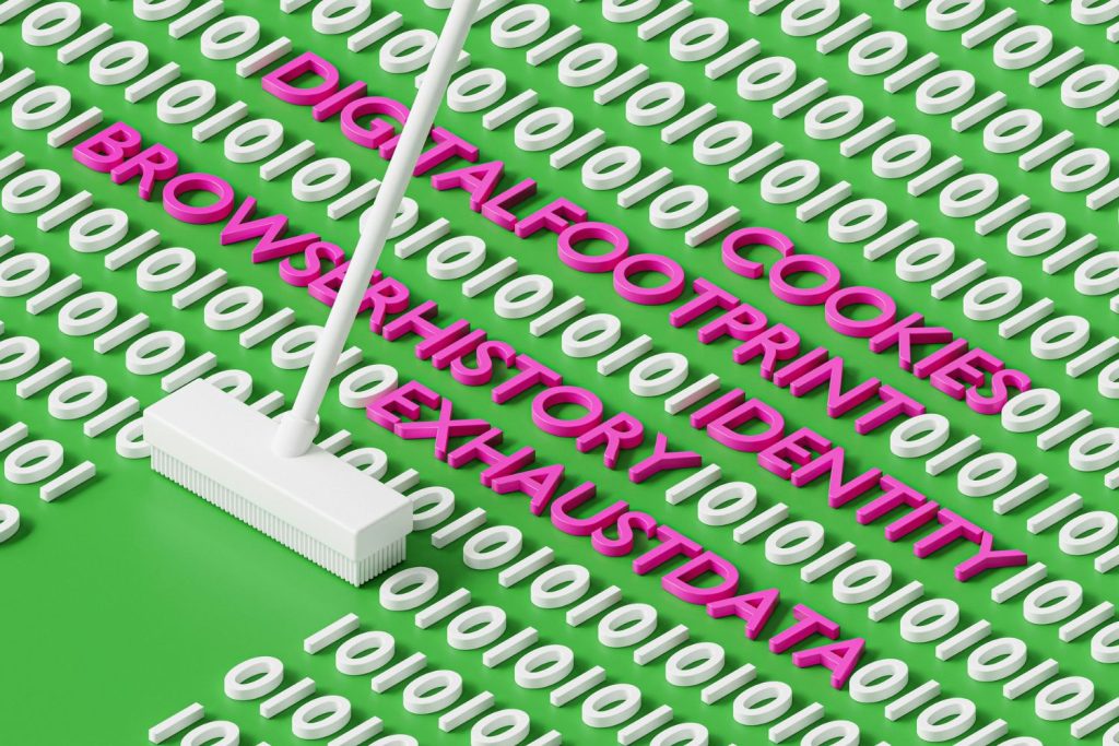 Zöld háttéren 10-kód, digitális lábnyom eltörlése felmosóval számítógépes illusztráció