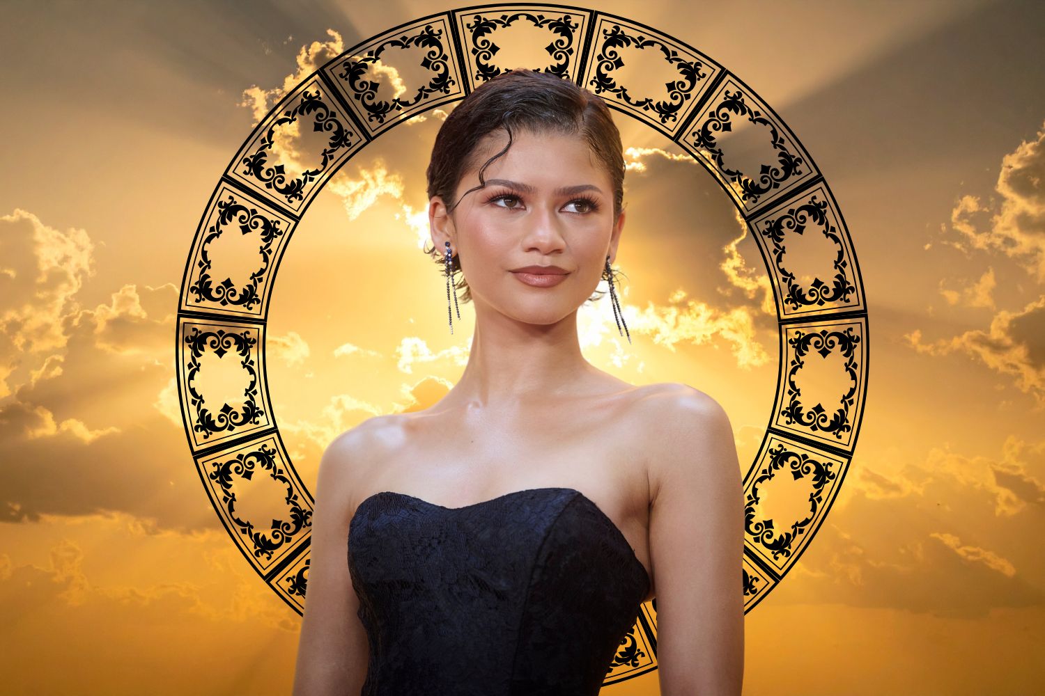 Zendaya, aranyló napsugarak a háttérben, asztrológiai kör