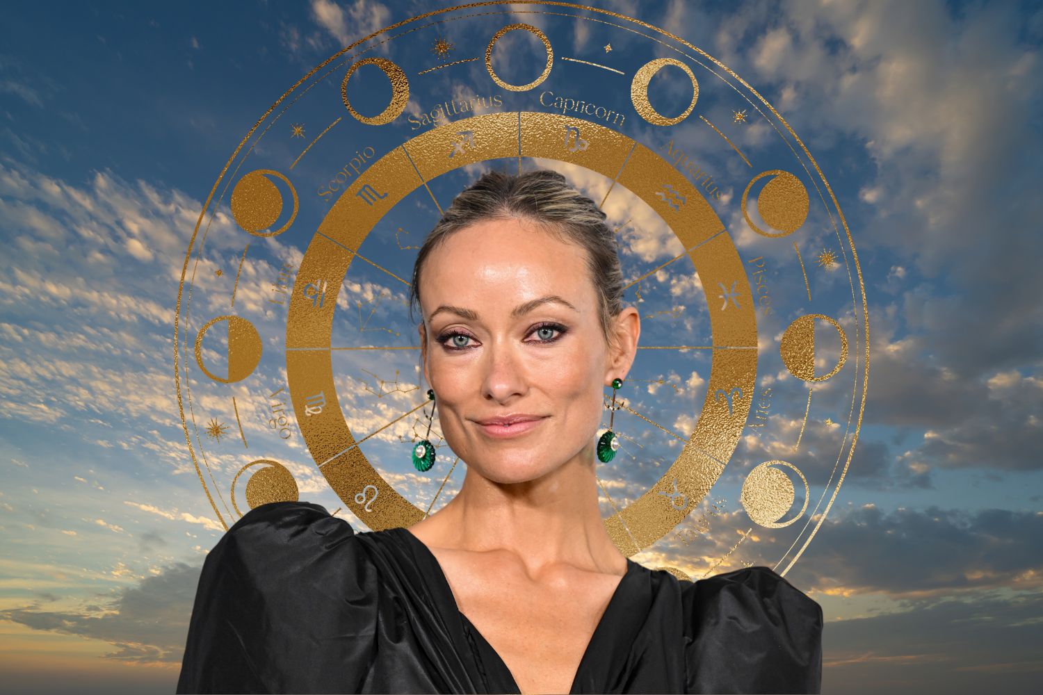 Olivia Wilde, naplementés aranyló égbolt, holdfázisokkal csillagjegyek szimbólumai körben