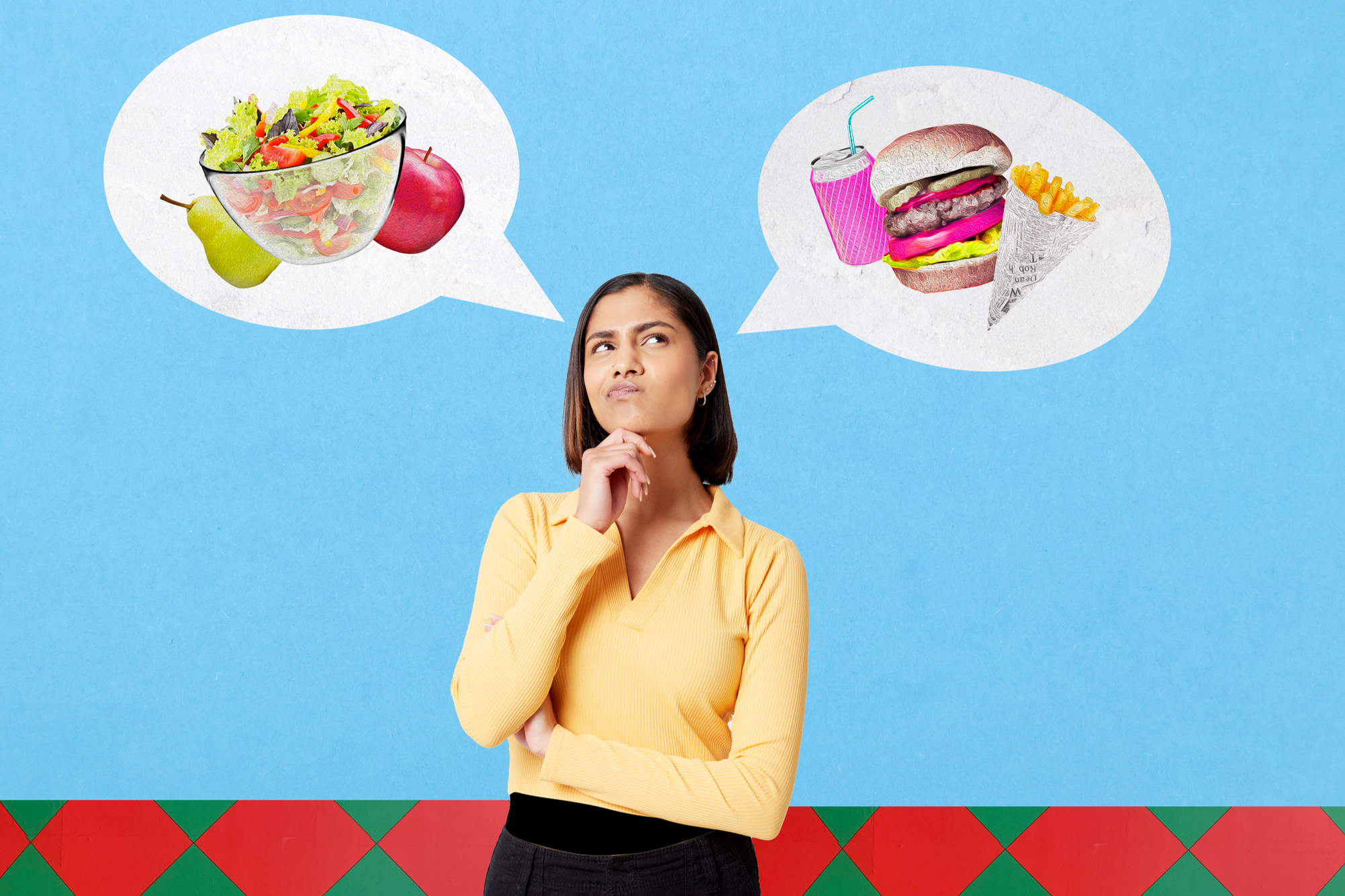 kék háttér előtt dilemmázó nő gondolatbuborékokkal: friss ételek vagy hamburger?
