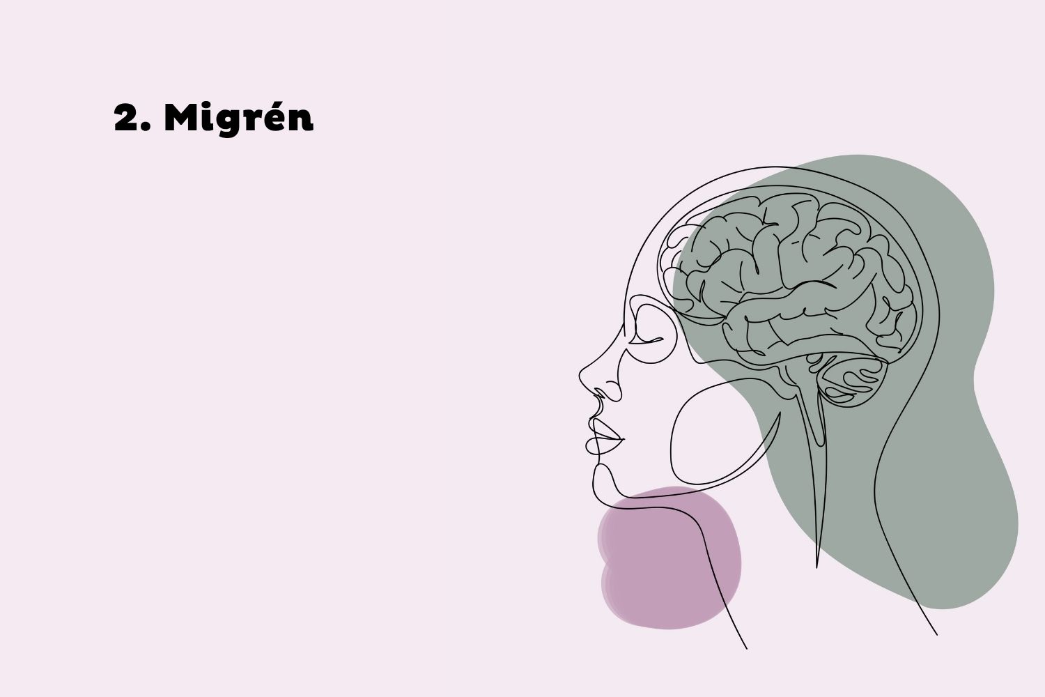 2. Migrén | Marie Claire Rózsaszín háttér, vonalas grafika női profillal, agy ábrázolásával, zöld és mályvaszínű folttal