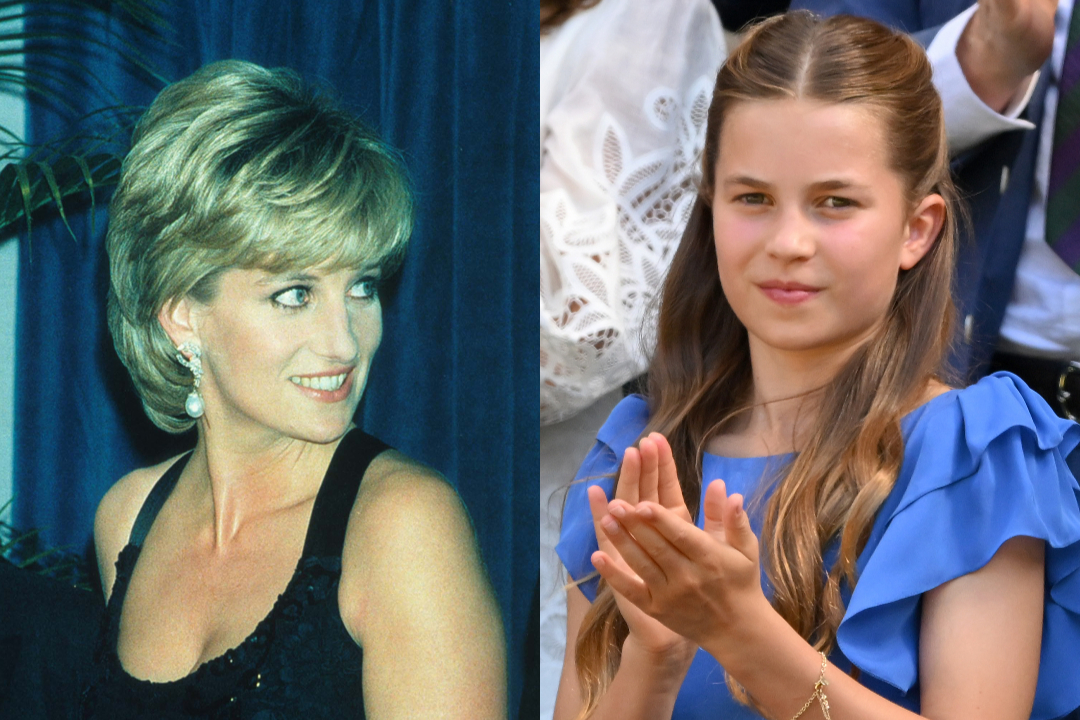 kollázs Diana hercegnőről és Saroltáról, aki kék ruhát visel
