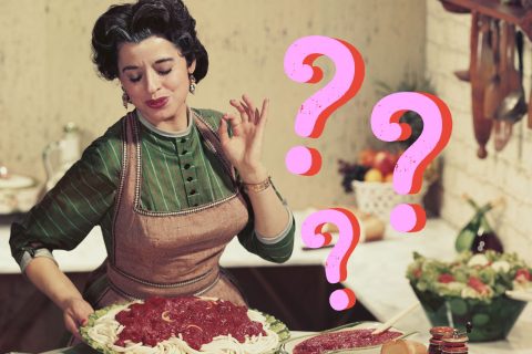 Vintage képen olasz nő pizzát süt, rózsaszín kérdőjelek