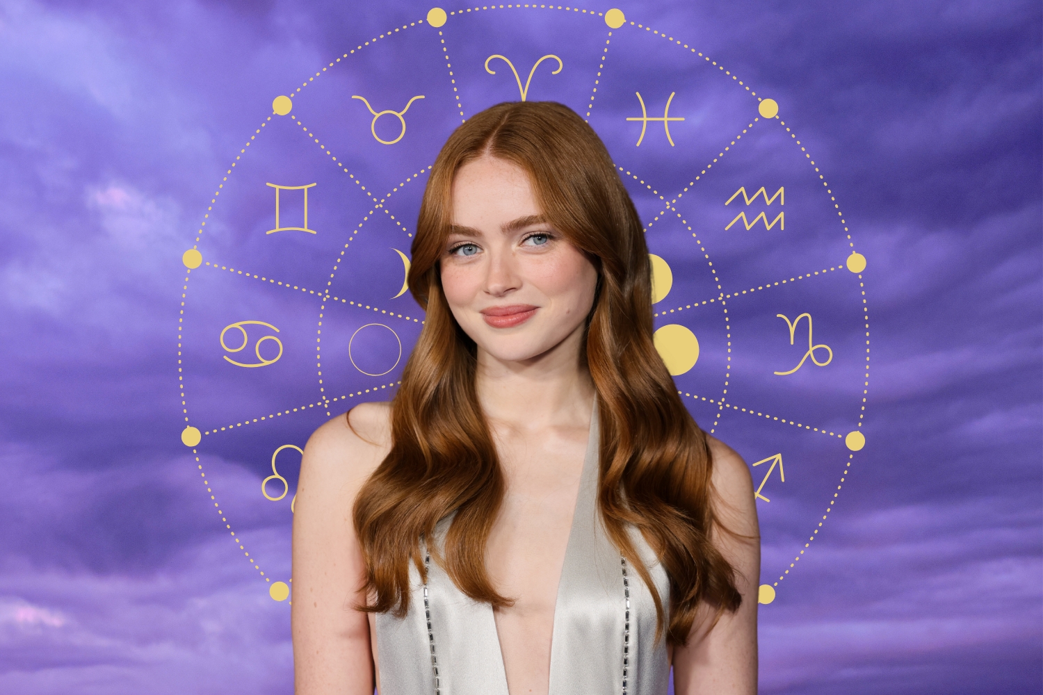 Sadie Sink színésznő, lila égbolt háttérben, arany asztrológiai kör