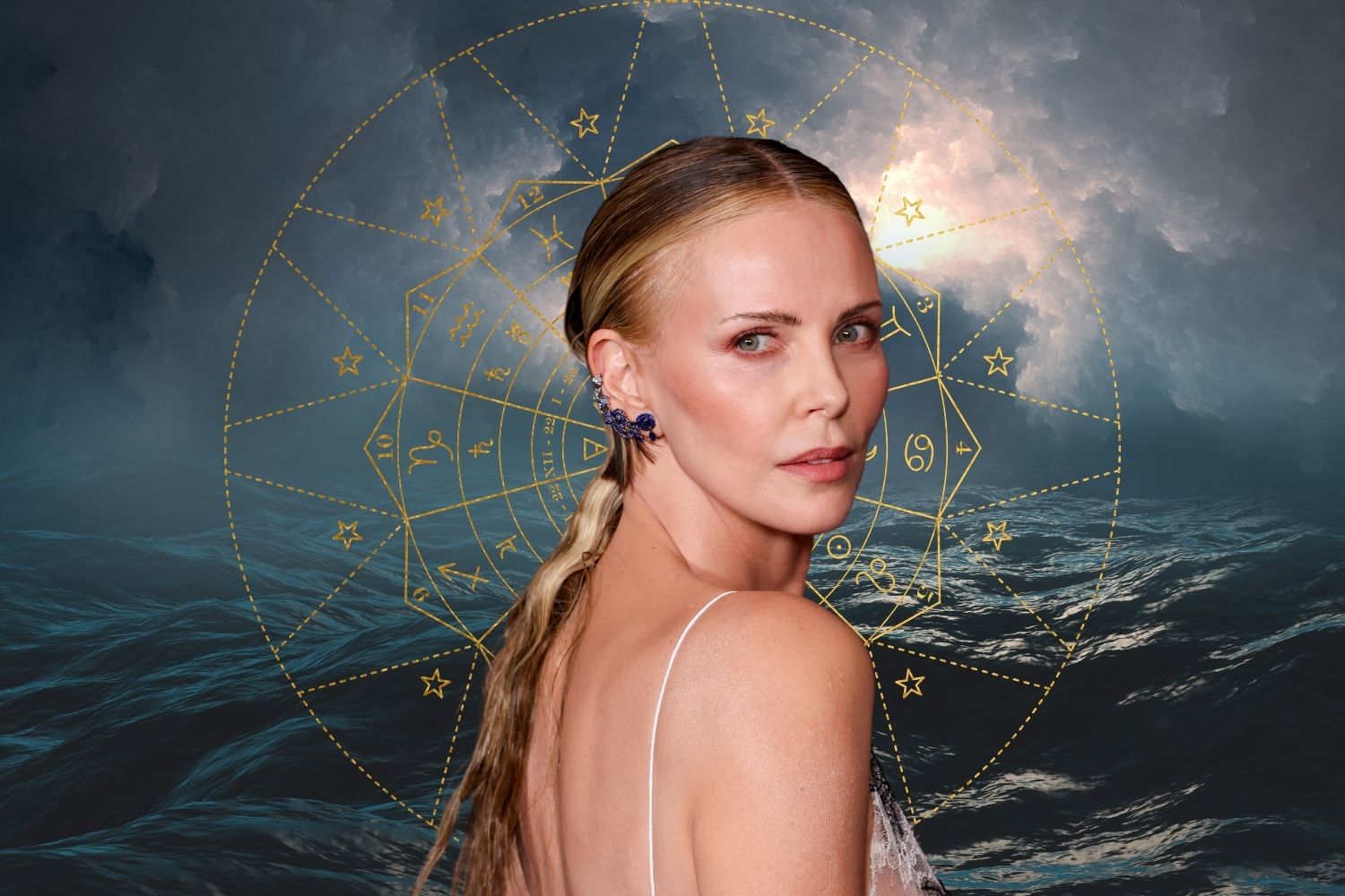 Charlize Theron viharos tengerrel a háttérben, arany zodiákus kör