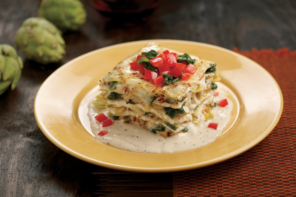 Közeli kép egy zöldséges lasagne-ról
