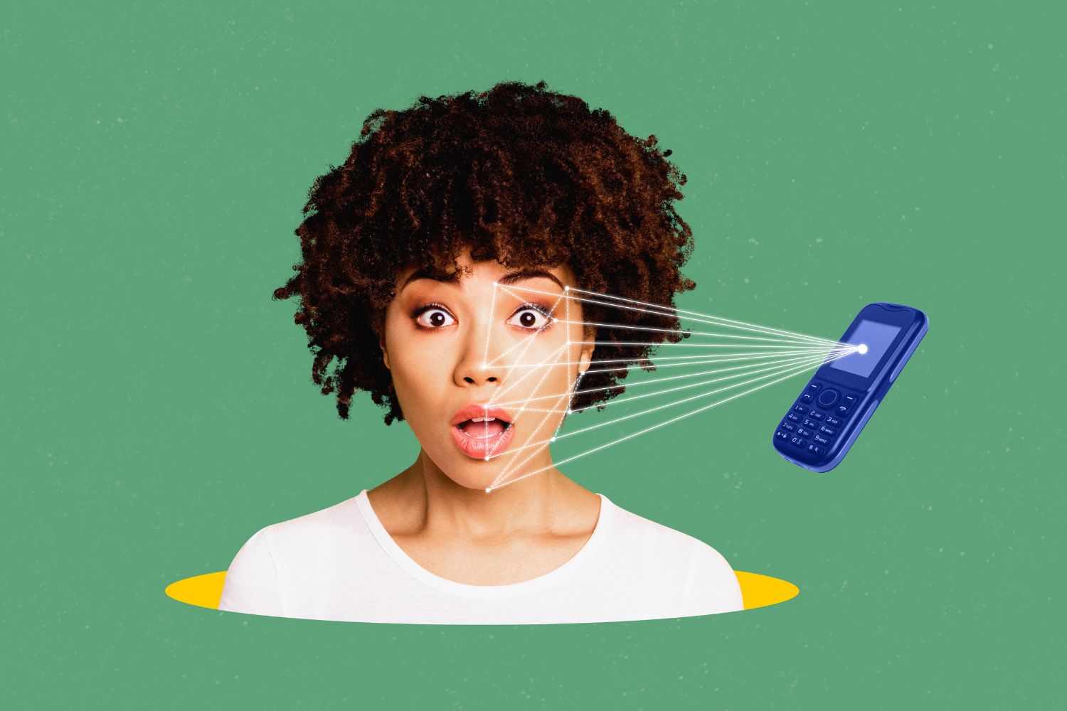 Fekete bőrű nő csodálkozó arccal néz, az arcát mestereséges intelligenciát jelző vonalak pásztázzák telefonról, zöld háttér, számítógépes montázs