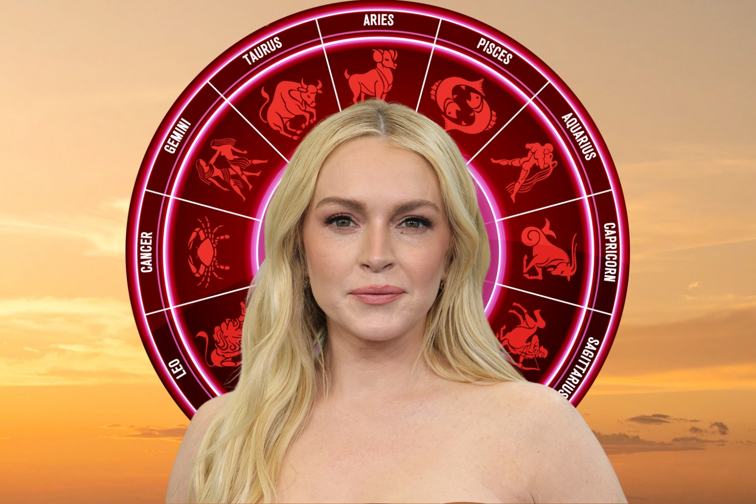 Lindsay Lohan, narancs égbolt háttérrben, lila-rózsaszín kör csillagjegyek szimbólumaival