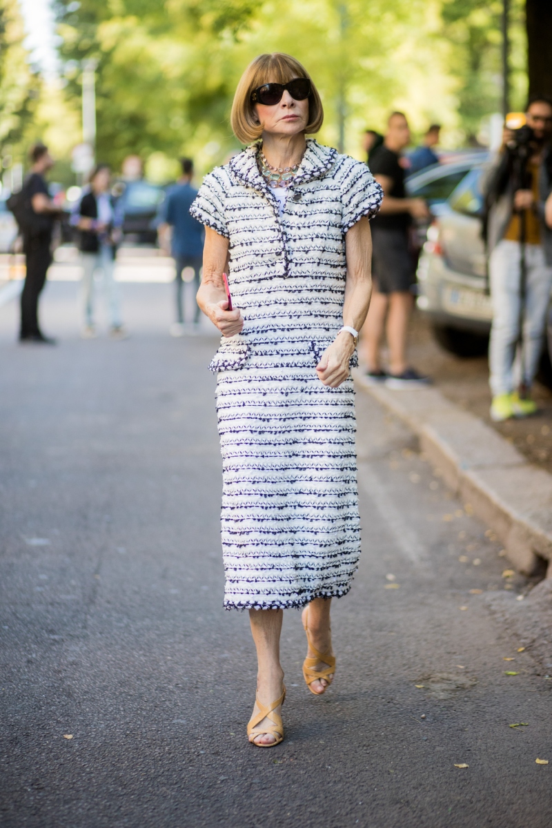 Anna Wintour a Fendi bemutatója előtt a milánói divathéten, a 2018-as tavaszi-nyári szezonban, 2017. szeptember 21-én, Milánóban.