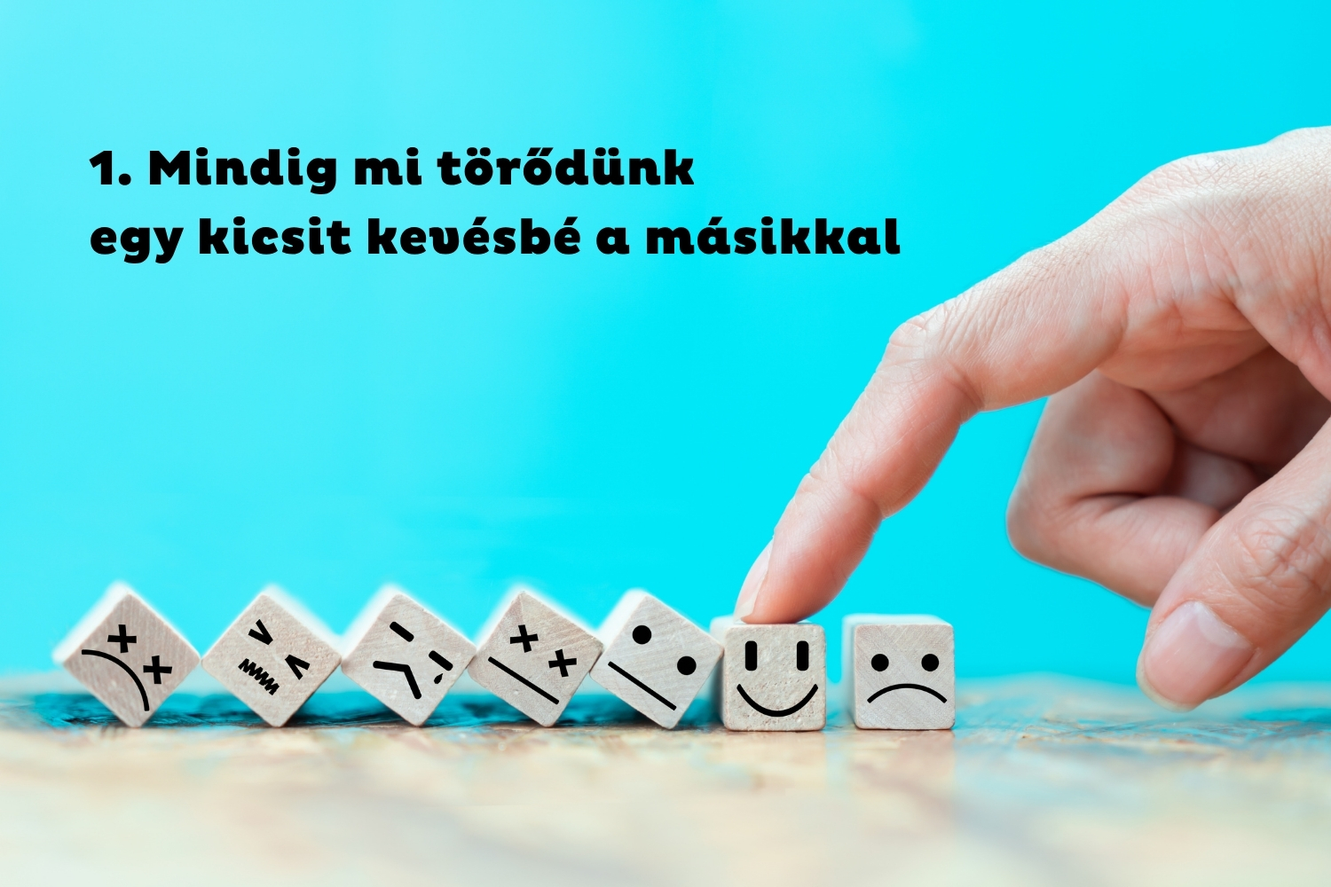 1. Mindig mi törődünk egy kicsit kevésbé | Marie Claire Kék háttér, különböző érzelmek rajzai kockákon arckifejezésekkel, ujj érinti meg az egyiket