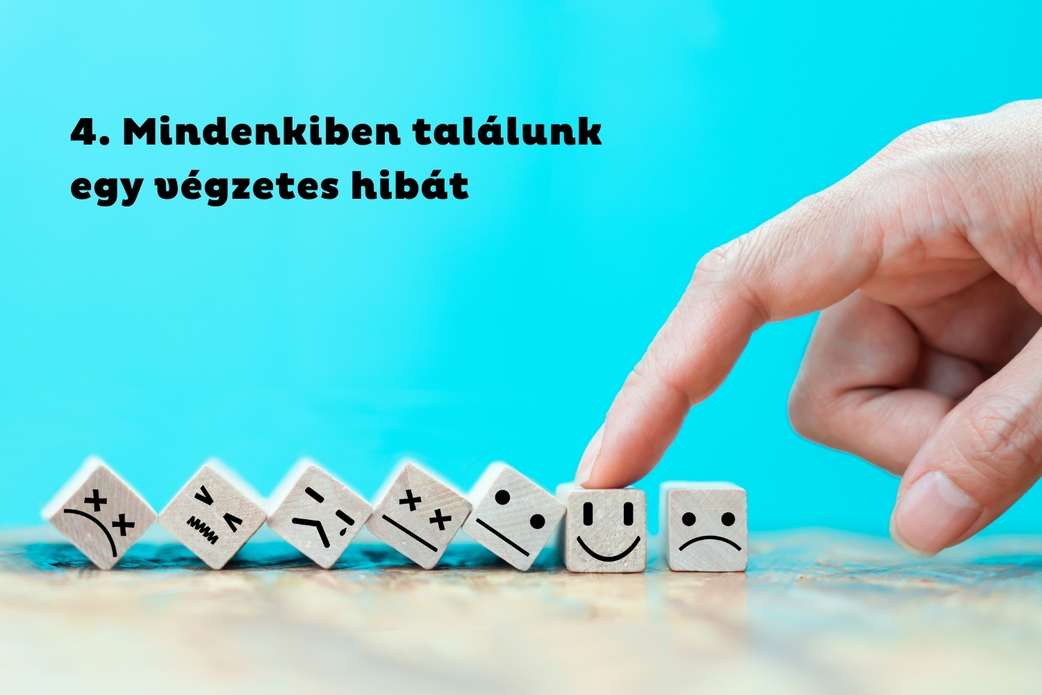 4. Mindenkiben találunk egy végzetes hibát | Marie Claire Kék háttér, különböző érzelmek rajzai kockákon arckifejezésekkel, ujj érinti meg az egyiket