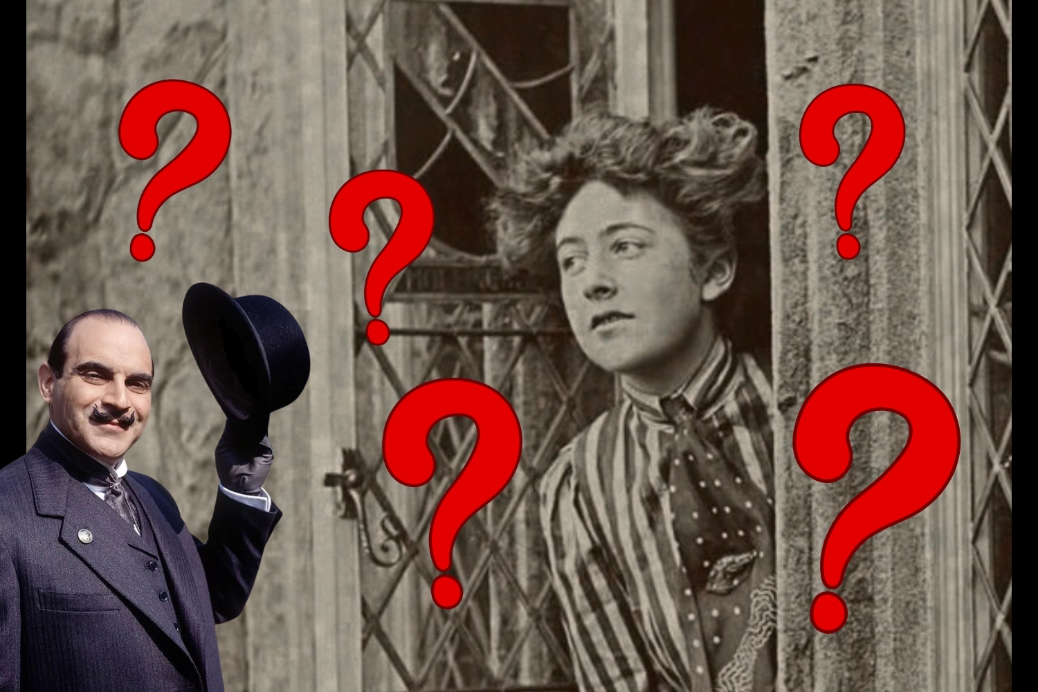 Agatha Christie kinéz egy ablakon 1910-es évek, Hercule Poirot filmbeli karaktere kalapot emel, piros kérdőjelek