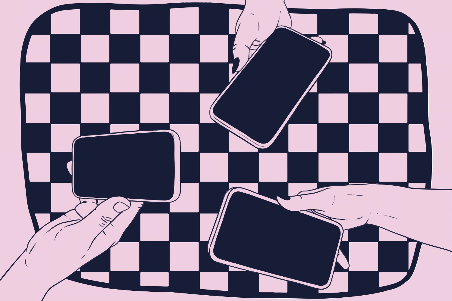 rózsaszín-fekete pepita háttéren három kéz mobiltelefont tart, grafikus illusztráció