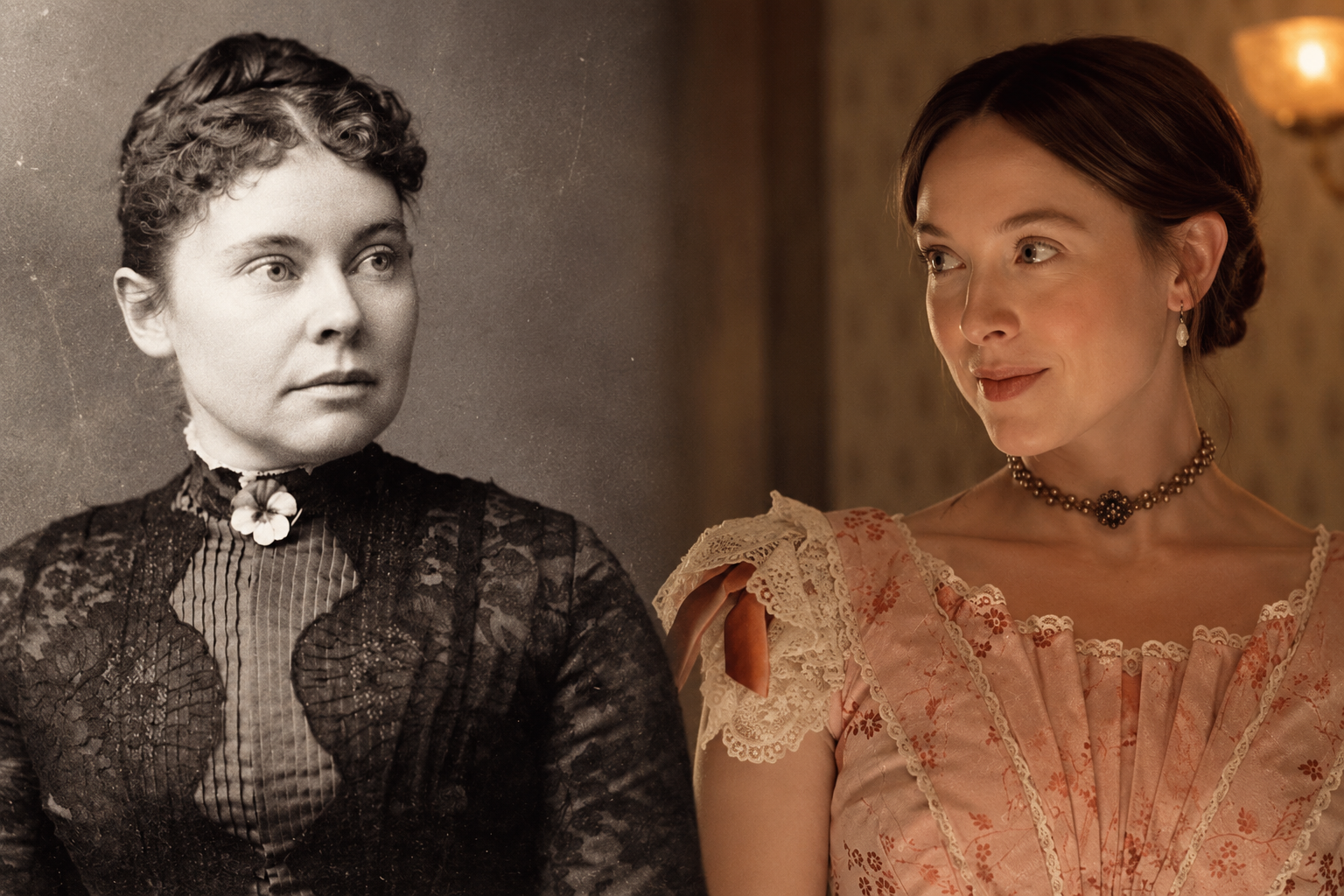 Balra az igazi Lizzie Borden, jobbra a Netflix-sorozat színésznője Lizzie Borden szerepében