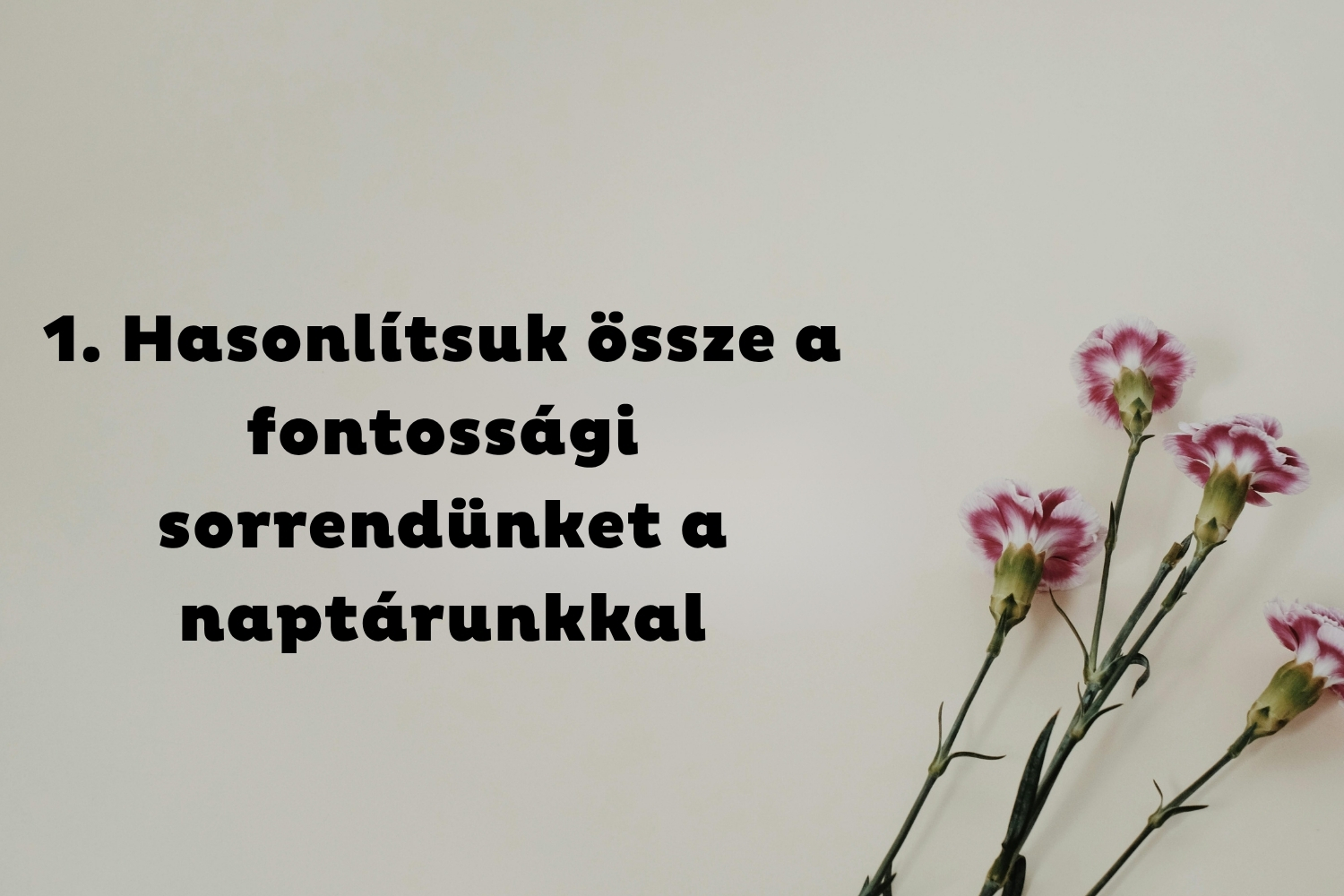 1. Hasonlítsuk össze a fontossági sorrendünket a naptárunkkal | Marie Claire Törtfehér háttér, négy szál rózsaszín szegfű